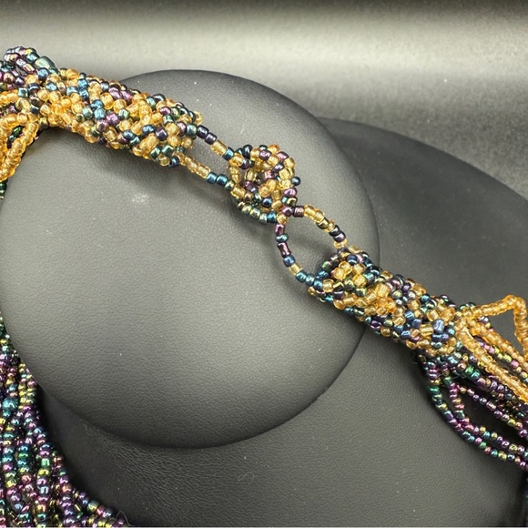 Multicolor Iridescent Seed Beaded Necklace with Large Abalone Shell Pendant - Picture 7 of 17